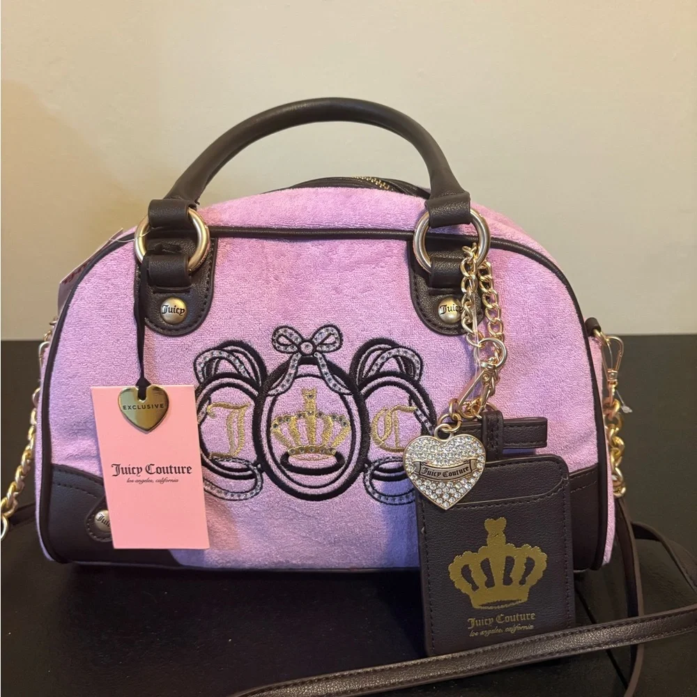 NWT Juicy Couture Velour Bowler Bag Purple & Brown Rhinestone Crown - Picture 1 of 5